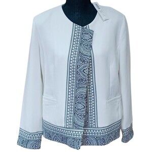 NWT Chico's Printed-Border Open Jacket Size 1 (8/10) White w/ Paisley Black Trim